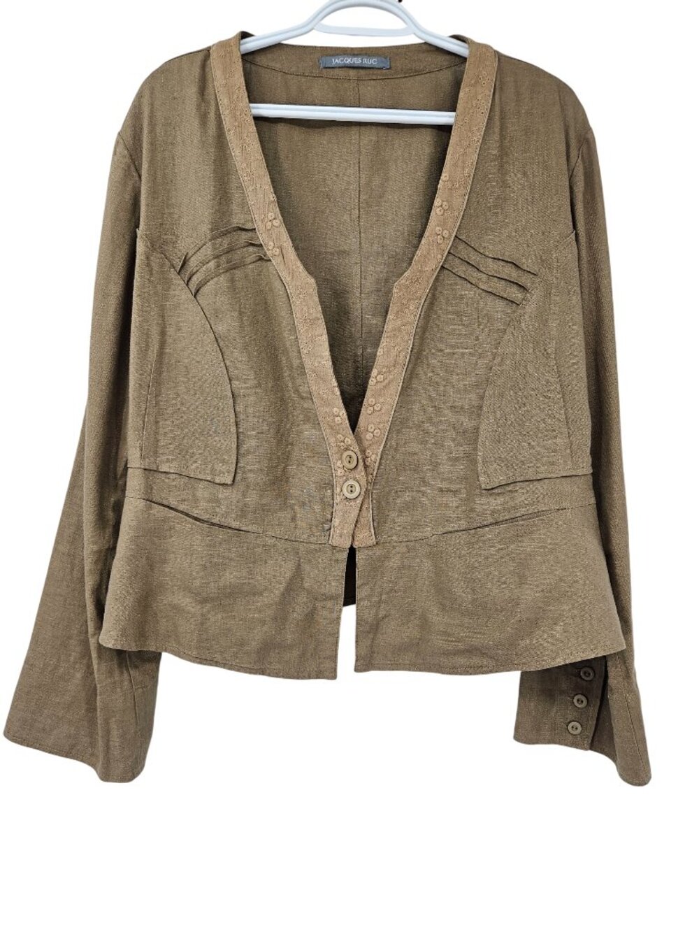 Jacques Ruc Linen Lagenlook V-Neck Jacket Brown Women's Size XL Artsy Summer